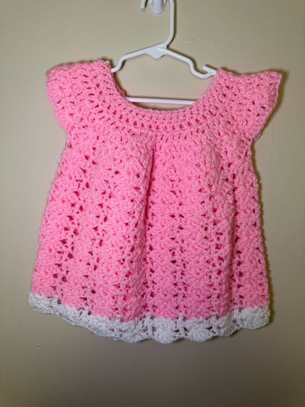 Hand Crafted Pink Crochet Baby Dress with White Trim